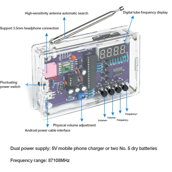 HU-017A RDA5807S Radio Kit FM DIY ￉lectronique Pi￨ces D'apprentissage Ensemble 87-108MHz avec/sans Logement Kit pour Composants ￉lectroniques Partie – Image 12