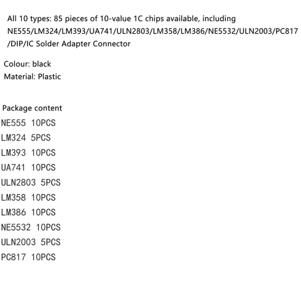 Kit de puces de Circuit intégré 85 pièces, 10 spécifications IC-NE555 IC-LM324 IC-LM358 DIP, kit combiné de minuterie de précision unique – Image 5
