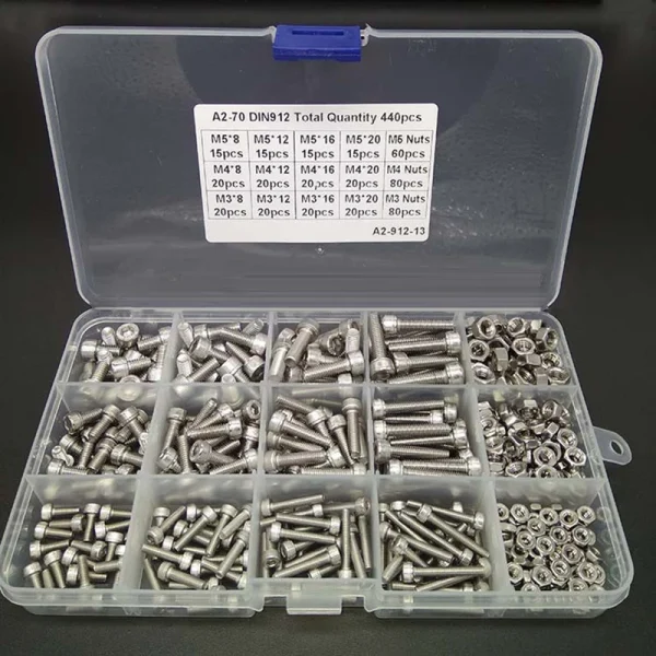 Jeu de vis à tête hexagonale M3 M4 M5, en acier inoxydable 304, kit d'assortiment de boulons et d'écrous Allen DIN912, 440 pièces – Image 9