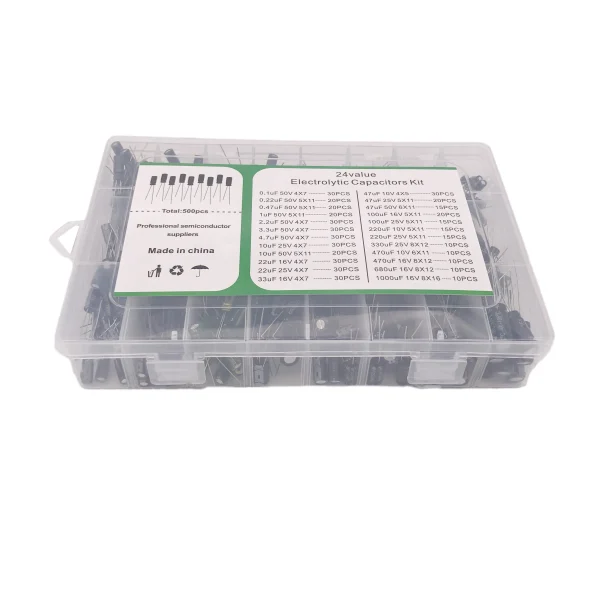 500 pièces 24 valeurs 0.1uF-1000u condensateur électrolytique condensateurs électrolytiques DIP mixtes 10V 16V 25V 50V Kit électronique – Image 4