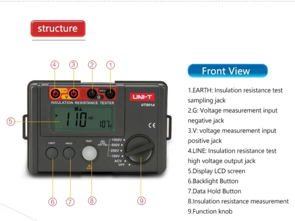 Testeurs de résistance d'isolation UNI-T UT501A, compteur numérique Milliohm 1000V, 5GΩ Ohm, plage automatique – Image 11