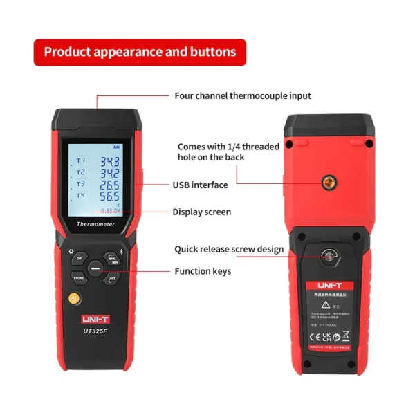 UNI-T Numérique Therye.com UT325F J/T/E/R/S/N/K Type Thermocouple Température Mètre Haute Précision Bluetooth 4 Canaux – Image 9