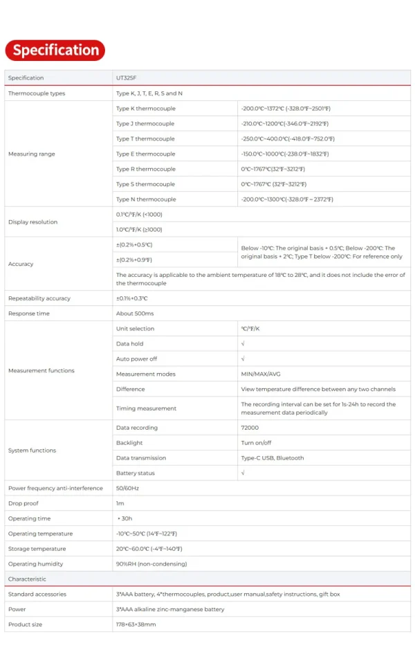 UNI-T Numérique Therye.com UT325F J/T/E/R/S/N/K Type Thermocouple Température Mètre Haute Précision Bluetooth 4 Canaux – Image 16