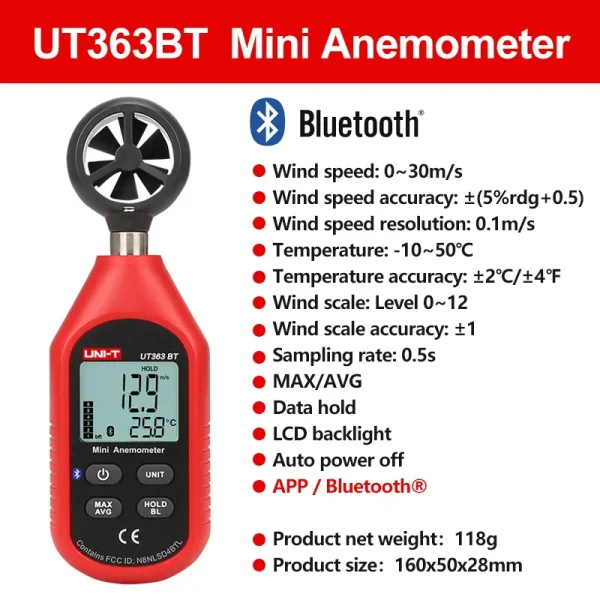 UNI-T UT363 anémomètre portatif numérique UT363BT mesure de la vitesse du vent testeur de température affichage LCD débit d'air vitesse compteur de vent – Image 7