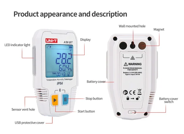 Enregistreur de données d'humidité de la température UNI-T A56 BT Bluetooth Digital Food Therye.com Hygromètre 64000 ensembles Stockage de données IP54 – Image 16