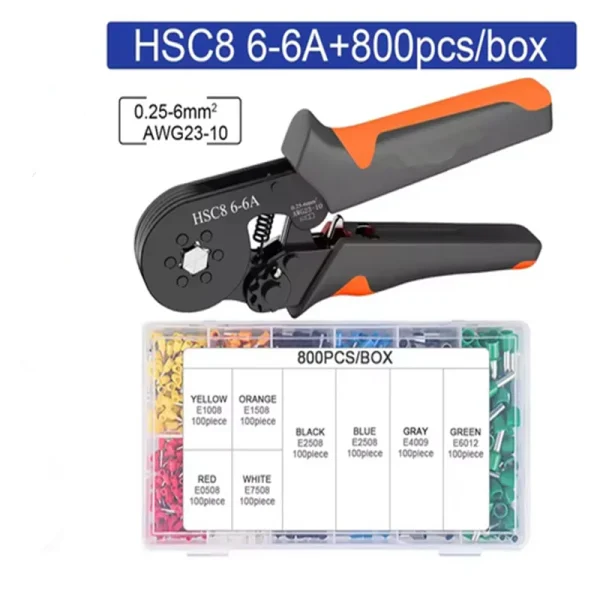 Kit d'outils de sertissage de virole à cliquet auto-ajustable Hexagonal 23-10AWG 0.25-6 mm2 Kit de sertissage avec 400-2000 bornes de fil – Image 7