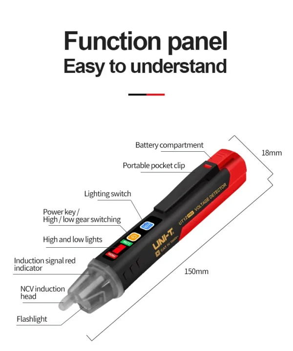 Testeur de tension ca UNI-T UT12D, détecteur, indicateur sans contact, bâton crayon 24V-1000V, puissance électrique, capteur de lumière LED – Image 28