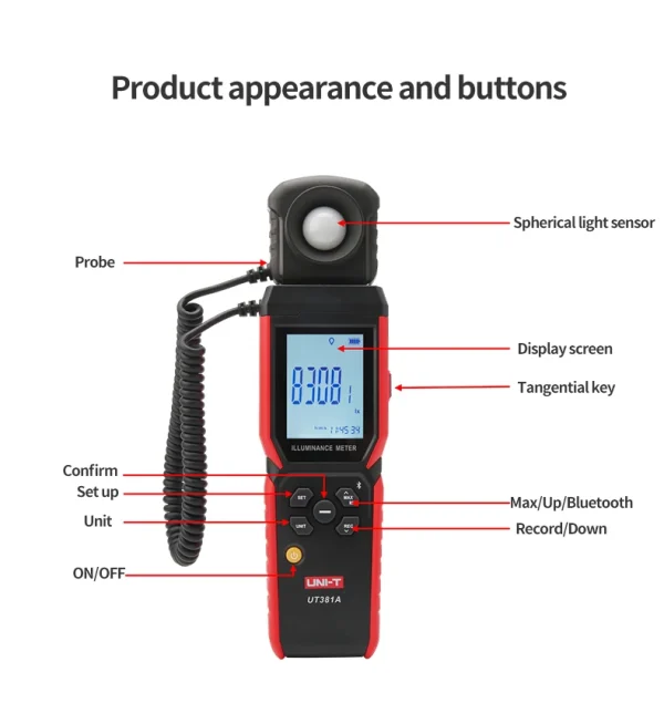 Éclairement UNI-T UT381A 400000   Photomètre de compteur de lumière numérique de compteur de Lux de conception rotative divisée lx avec l'application Bluetooth – Image 17