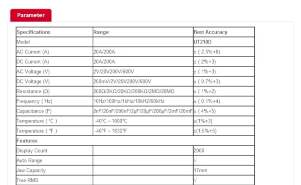 UNI-T UT210D Pince ampèremétrique numérique True RMS à Plage automatique – Image 12