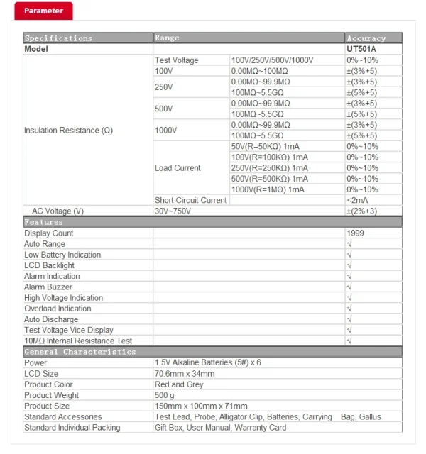 Testeurs de résistance d'isolation UNI-T UT501A, compteur numérique Milliohm 1000V, 5GΩ Ohm, plage automatique – Image 8