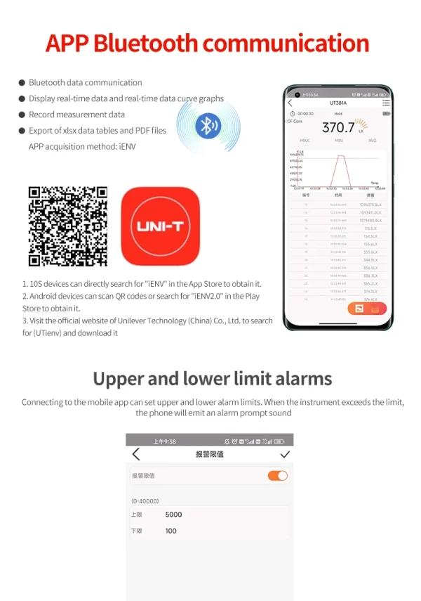 Éclairement UNI-T UT381A 400000   Photomètre de compteur de lumière numérique de compteur de Lux de conception rotative divisée lx avec l'application Bluetooth – Image 11
