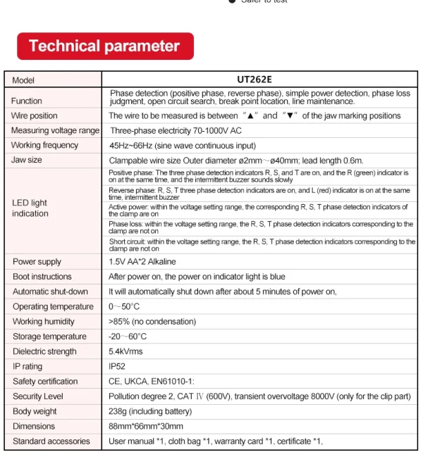 Détecteur triphasé sans contact UNI-T UT262E Testeur de rotation Phase Sequanciennement Breaker Finder 70V-1000V AC LED Buzzer Indication – Image 14
