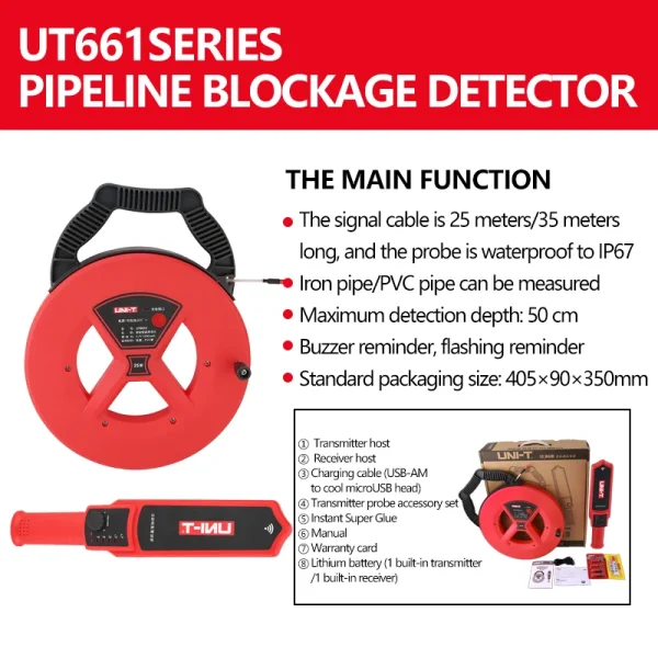 Détecteur de blocage de canalisation UNI-T UT661A/B – Tuyaux PVC ou métalliques – Profondeur max 50 cm – Image 3