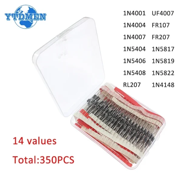 Kit de diodes de redressement Schottky, 14 valeurs, 1N4148, 1N4001, 1N4004, 1N4007, 1N5sedi1N5406, 1N5408, RL207, UF4007, FRknit, FR2071N5817, 350 pièces – Image 2
