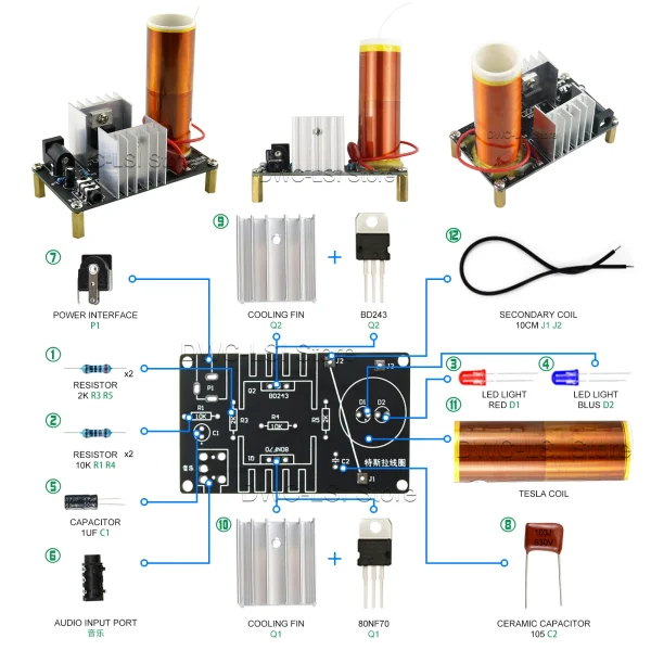 1 ensemble Mini Kit de bobine Tesla 15W Mini musique bobine Tesla haut-parleur Plasma Tesla Transmission sans fil DC 15-24V Kits de bricolage