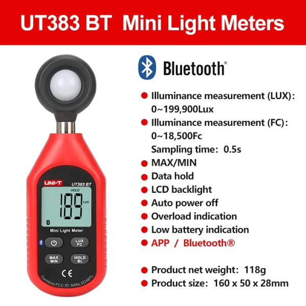 UNI-T compteur de lumière UT383 UT383BT 200,000 LUX numérique luxmètre Luminance Lux Fc Test Max Min illuminomètres photomètre – Image 7