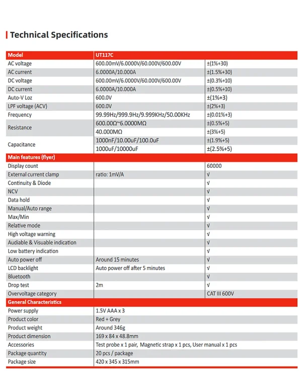UNI T-Multimètres numériques professionnels UT117C AC DC Voltmètre Ampèremètre True RMS – Image 22