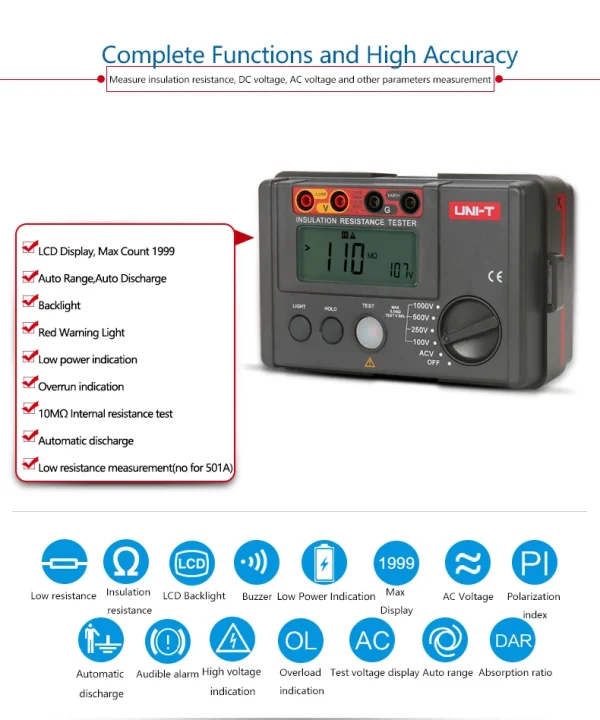 Testeurs de résistance d'isolation UNI-T UT501A, compteur numérique Milliohm 1000V, 5GΩ Ohm, plage automatique – Image 9