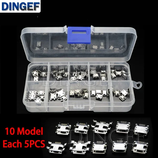 10 Types chacun 5 pièces Micro USB femelle 4/5PIN DIP Type B SMT connecteurs USB Jack queue prise bornes pour bricolage réparation MP3/4/5