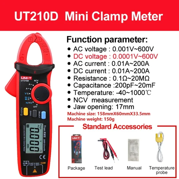 Pince multimètre numérique AC DC UNI-T UT210E UT210D, pince True RMS, ampèremètre, testeur de tension, compteur de fréquence – Image 7