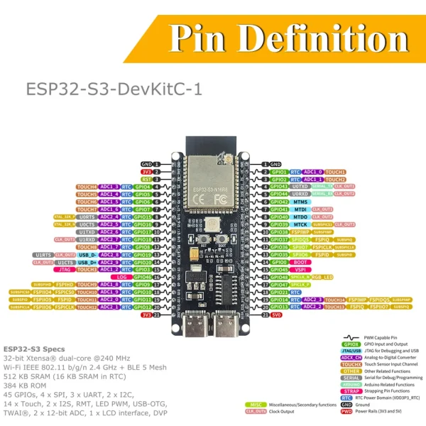 Carte de développement ESP32 S3 ESP32-S3-DevKitC-1 BT 2.4G, Module Wifi pour Arduino 8 mo PSRAM 16 mo FLASH N16R8 CH340C type-c 42 broches – Image 3