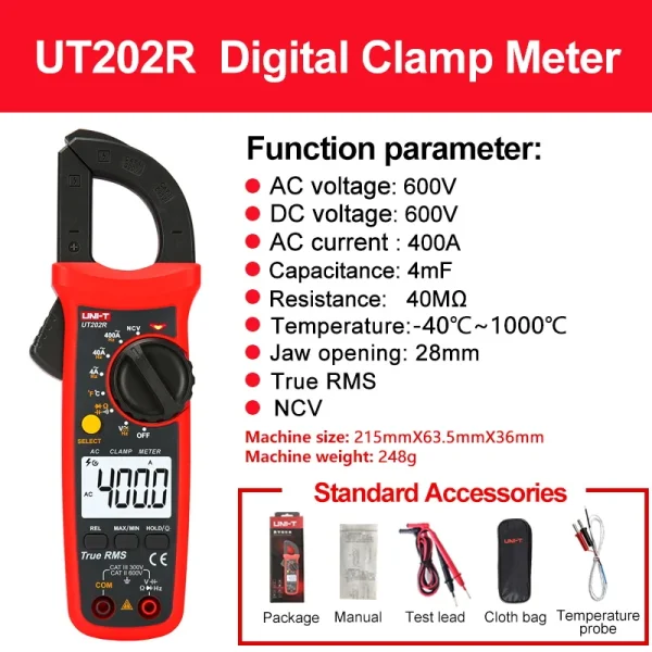 Pince multimètre numérique UNI-T UT204R UT202F UT203R 400A 600A, pince de courant AC, pince de haute précision, ampèremètre, voltmètre – Image 7