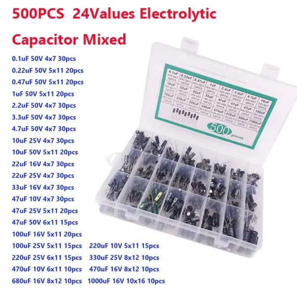 500 pièces 24 valeurs 0.1uF-1000u condensateur électrolytique condensateurs électrolytiques DIP mixtes 10V 16V 25V 50V Kit électronique