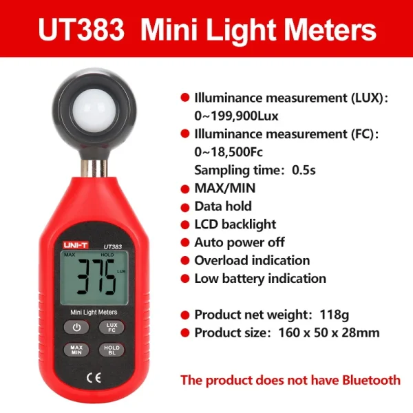UNI-T compteur de lumière UT383 UT383BT 200,000 LUX numérique luxmètre Luminance Lux Fc Test Max Min illuminomètres photomètre – Image 8