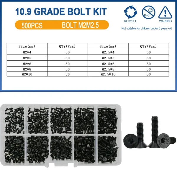 500 pièces M2 M2.5 petit Kit de boulons à vis 4mm 5mm 6mm 8mm 10mm vis électriques capuchon à six pans creux ordinateur portable PCB Allen boulons ensemble – Image 26